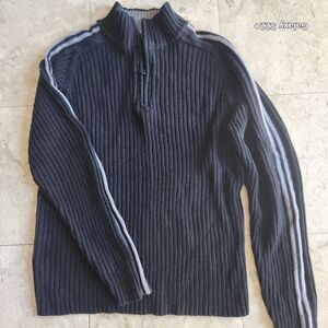 XG black 1/4 zip sweater w double gray striped long sleeves gray stand up collar